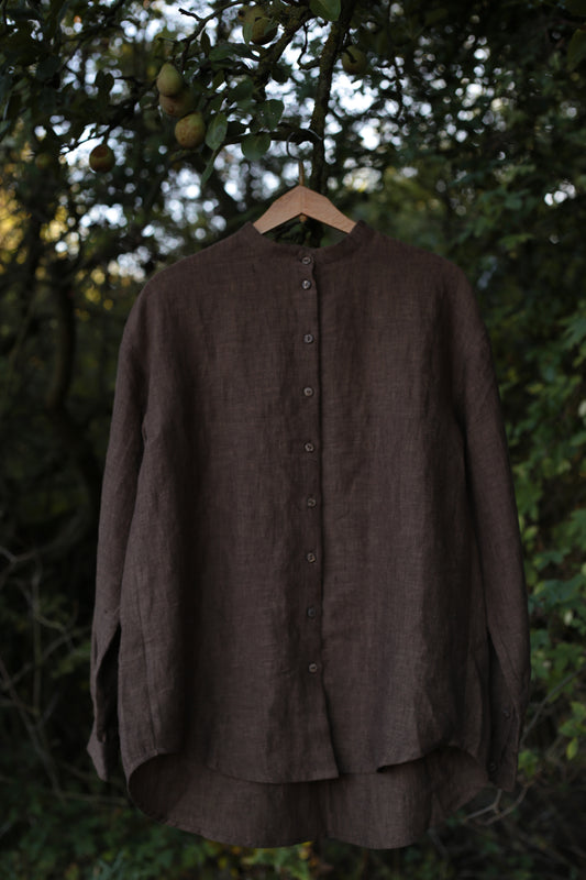 TRAVELLER Linen shirt for women with stand collar in Chestnut Brown color