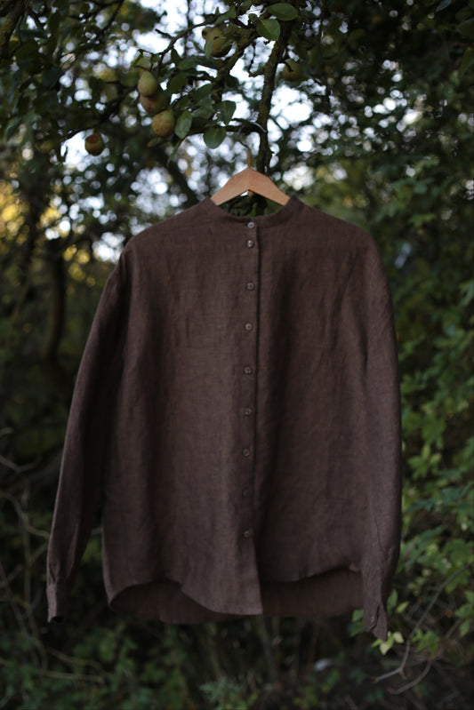 Traveller Linen shirt for women with stand collar in Chestnut Brown color