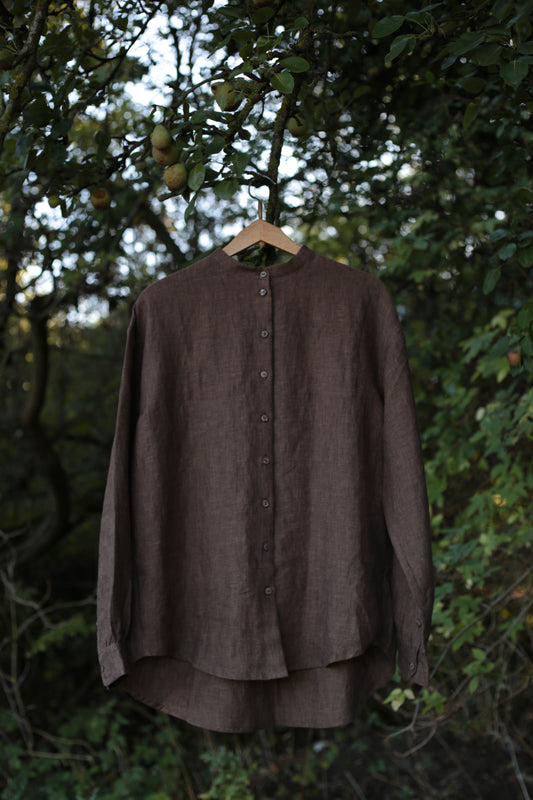 Traveller Linen shirt for women with stand collar in Chestnut Brown color