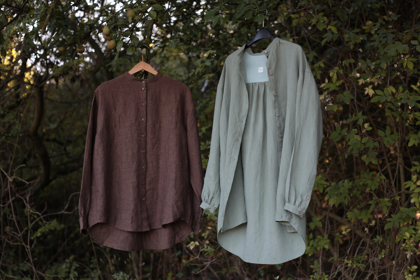 Traveller Linen shirt for women with stand collar in Chestnut Brown color