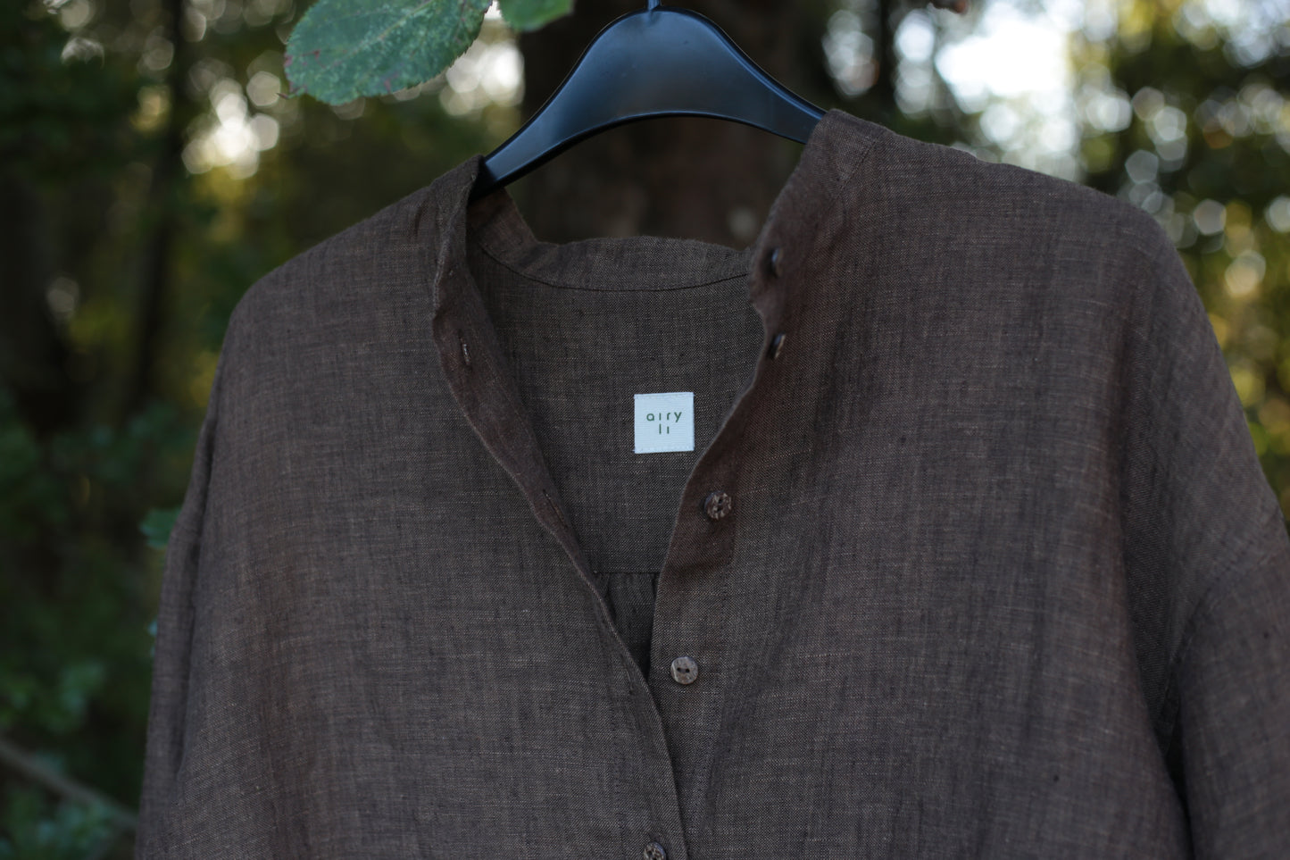 Traveller Linen shirt for women with stand collar in Chestnut Brown color