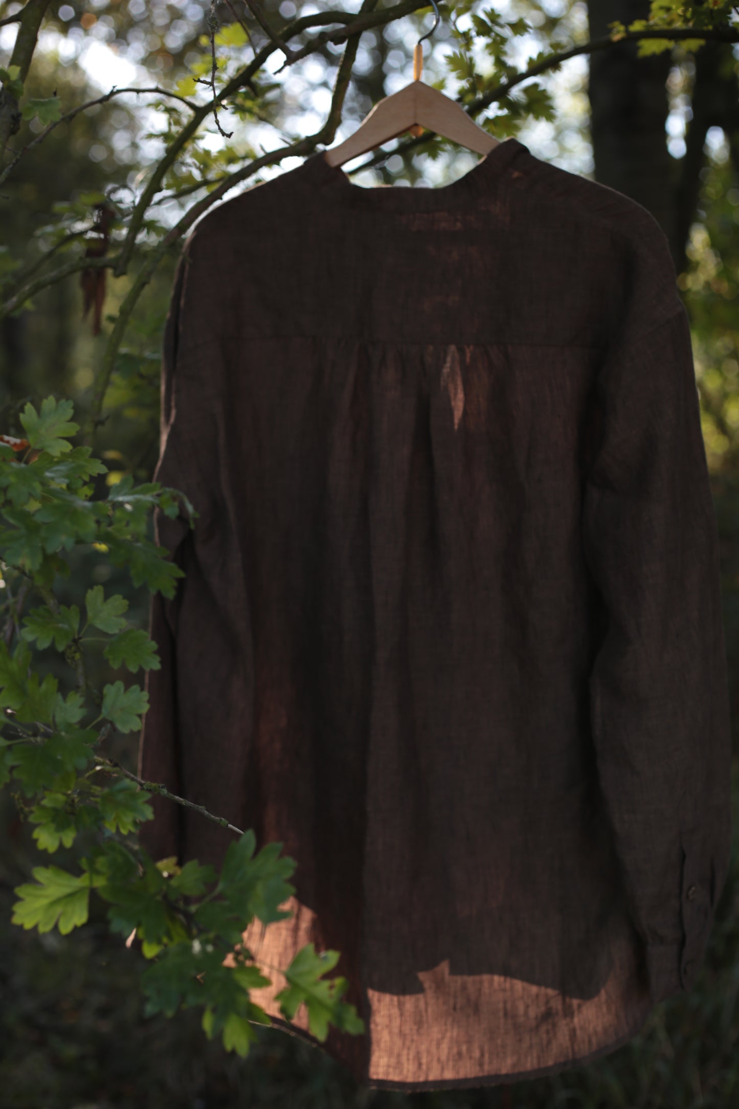Traveller Linen shirt for women with stand collar in Chestnut Brown color