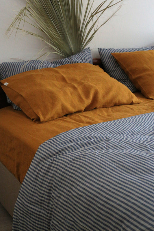 Pure Linen Duvet cover in Grey/Navy stripes