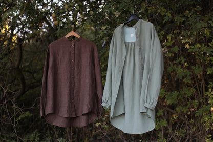 Traveller Linen shirt for women with stand collar in Chestnut Brown color