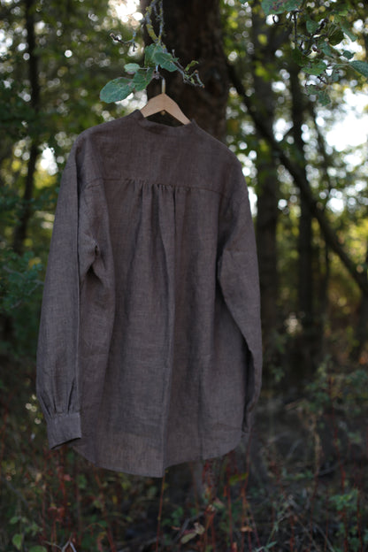 Traveller Linen shirt for women with stand collar in Chestnut Brown color