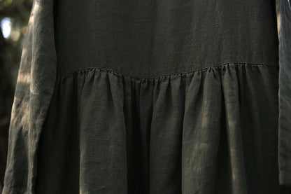 Maxi linen longsleeve dress in Moss Green color