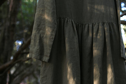 Maxi linen longsleeve dress in Moss Green color