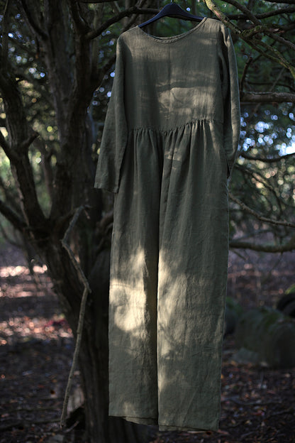 Maxi linen longsleeve dress in Moss Green color
