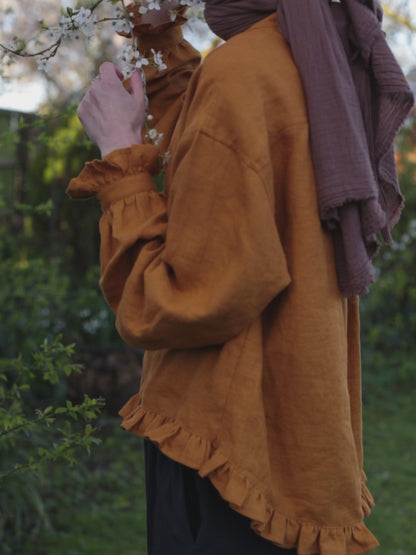 Dreamer blouse/shirt with frilled cuffs in Honey&Mustard colour